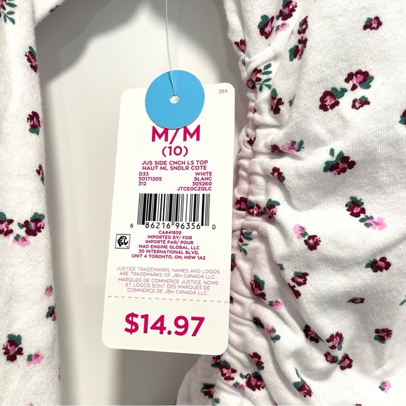 NEW Justice Girls White Floral Side Cinch Long Sleeve Top (size M & L) - Picture 5 of 5
